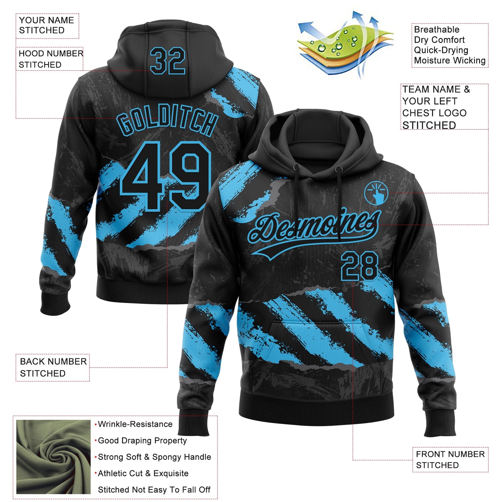 Custom Stitched Black Sky Blue-Steel Gray 3D Pattern Design Splash Sports Pullover Sweatshirt Hoodie view 2
