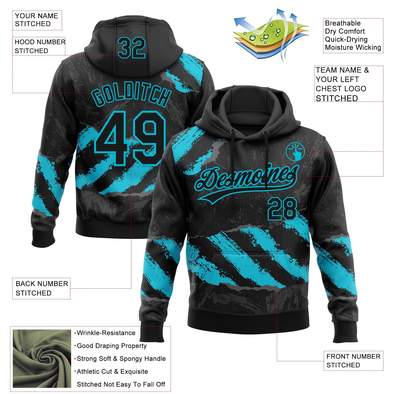 Custom Stitched Black Lakes Blue-Steel Gray 3D Pattern Design Splash Sports Pullover Sweatshirt Hoodie view 2
