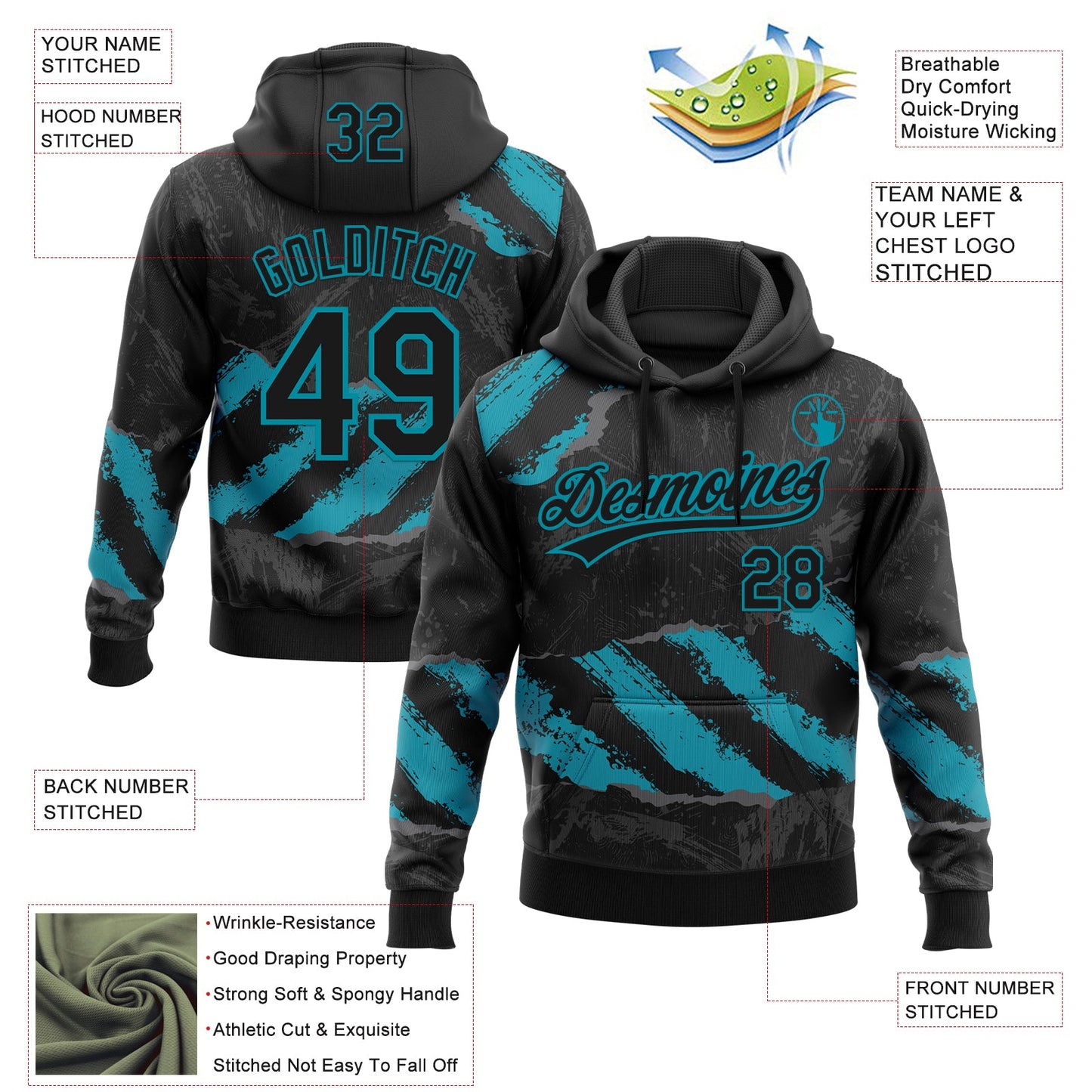 Custom Stitched Black Teal-Steel Gray 3D Pattern Design Splash Sports Pullover Sweatshirt Hoodie view 2