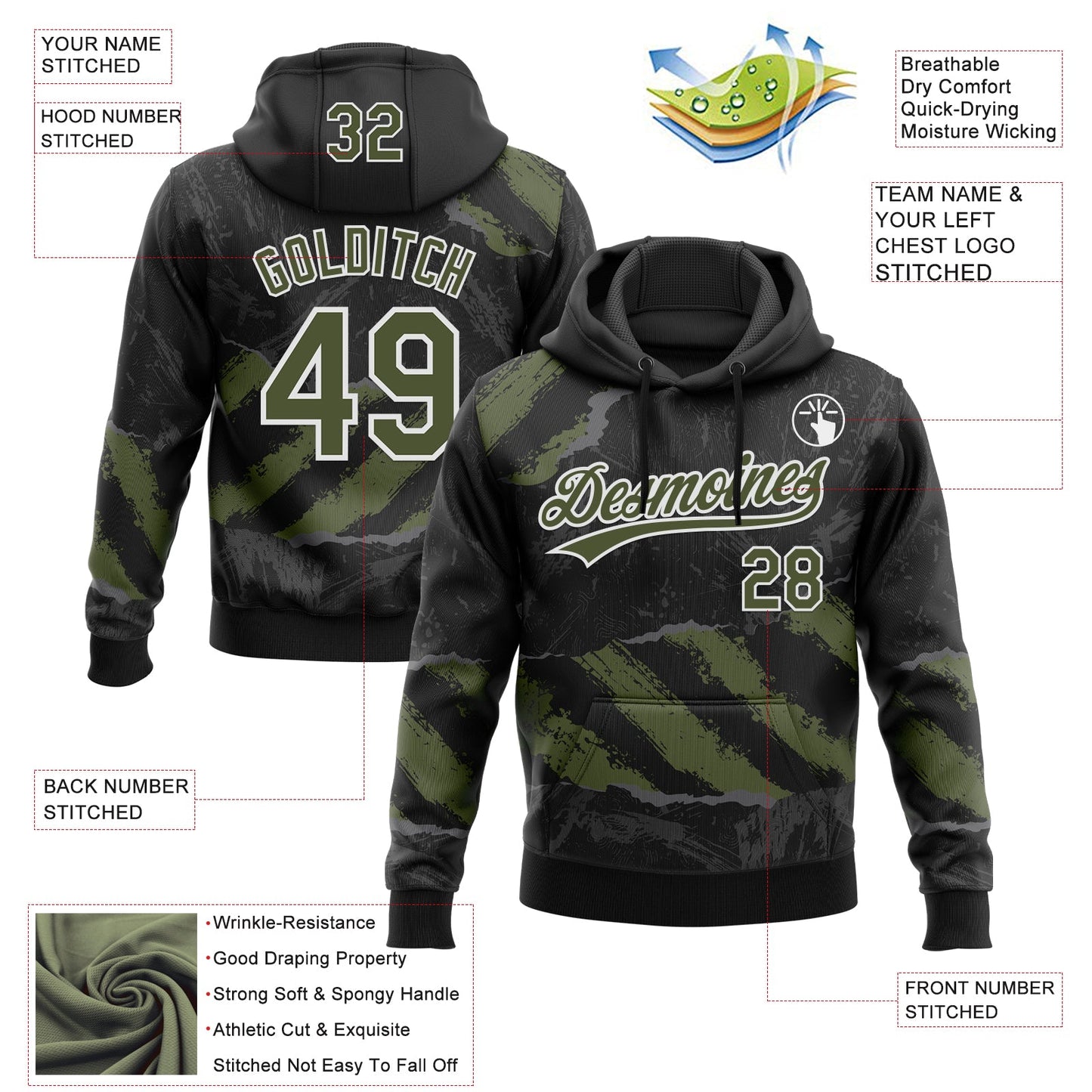Custom Stitched Black Olive Steel Gray-White 3D Pattern Design Splash Sports Pullover Sweatshirt Hoodie view 2