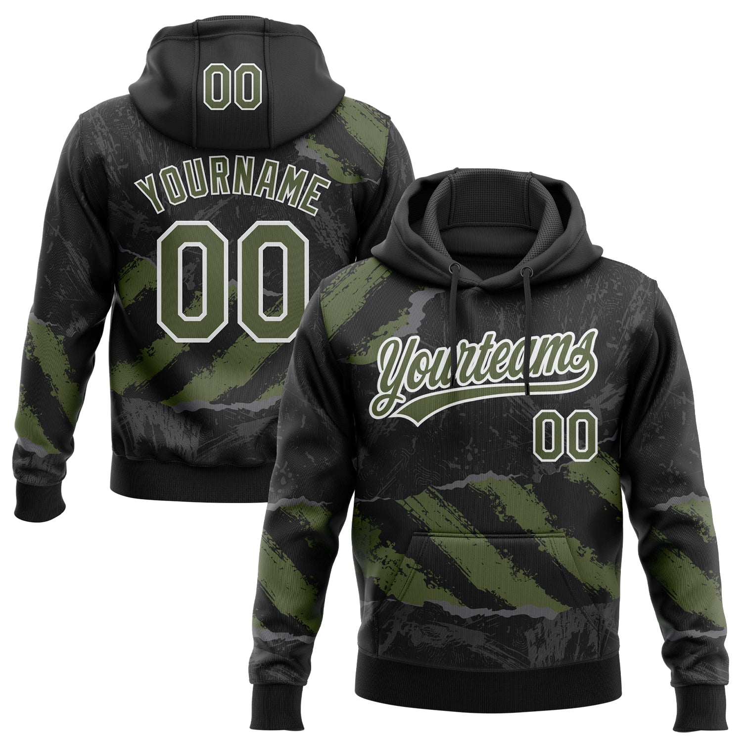 Custom Stitched Black Olive Steel Gray-White 3D Pattern Design Splash Sports Pullover Sweatshirt Hoodie - Main View