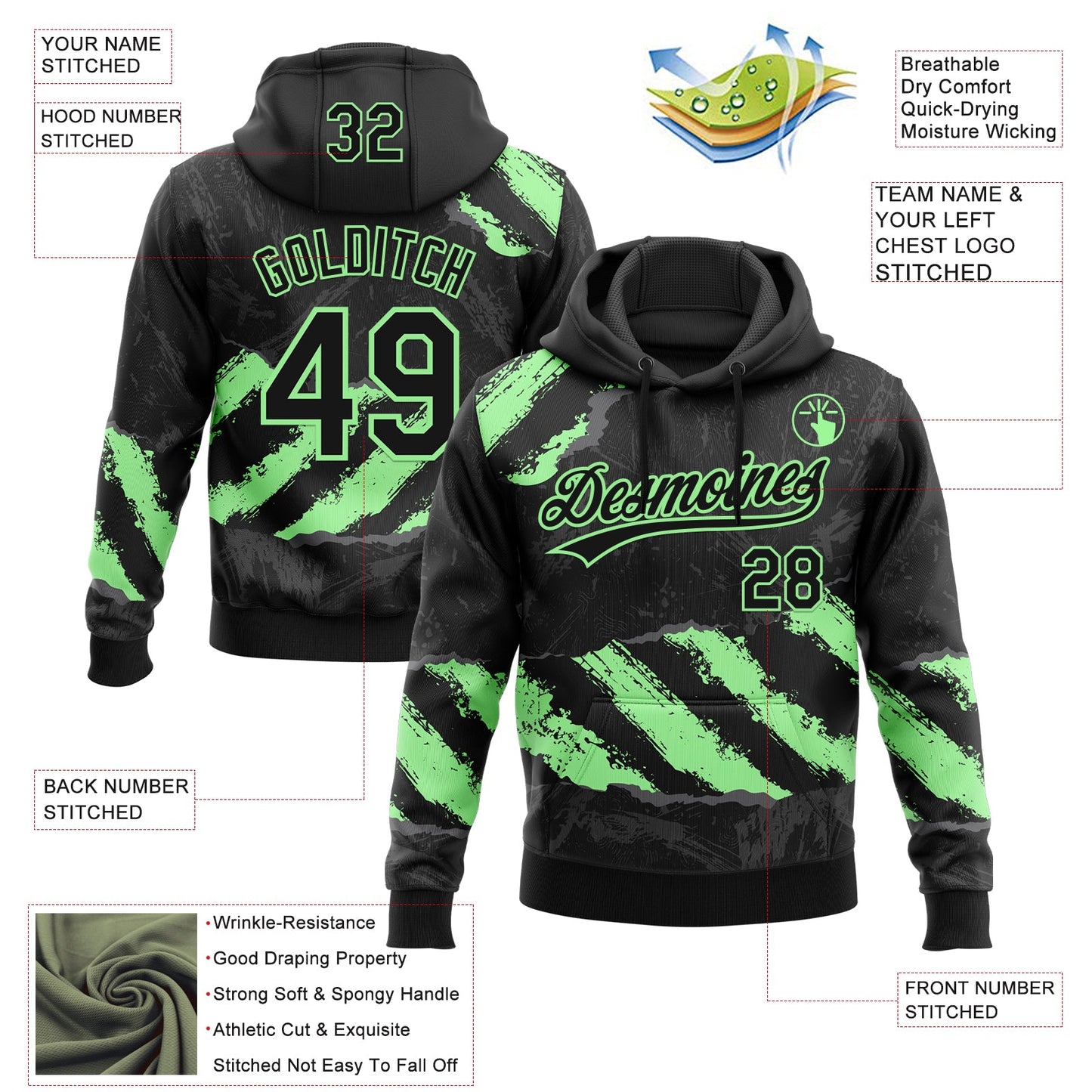 Custom Stitched Black Pea Green-Steel Gray 3D Pattern Design Splash Sports Pullover Sweatshirt Hoodie view 2