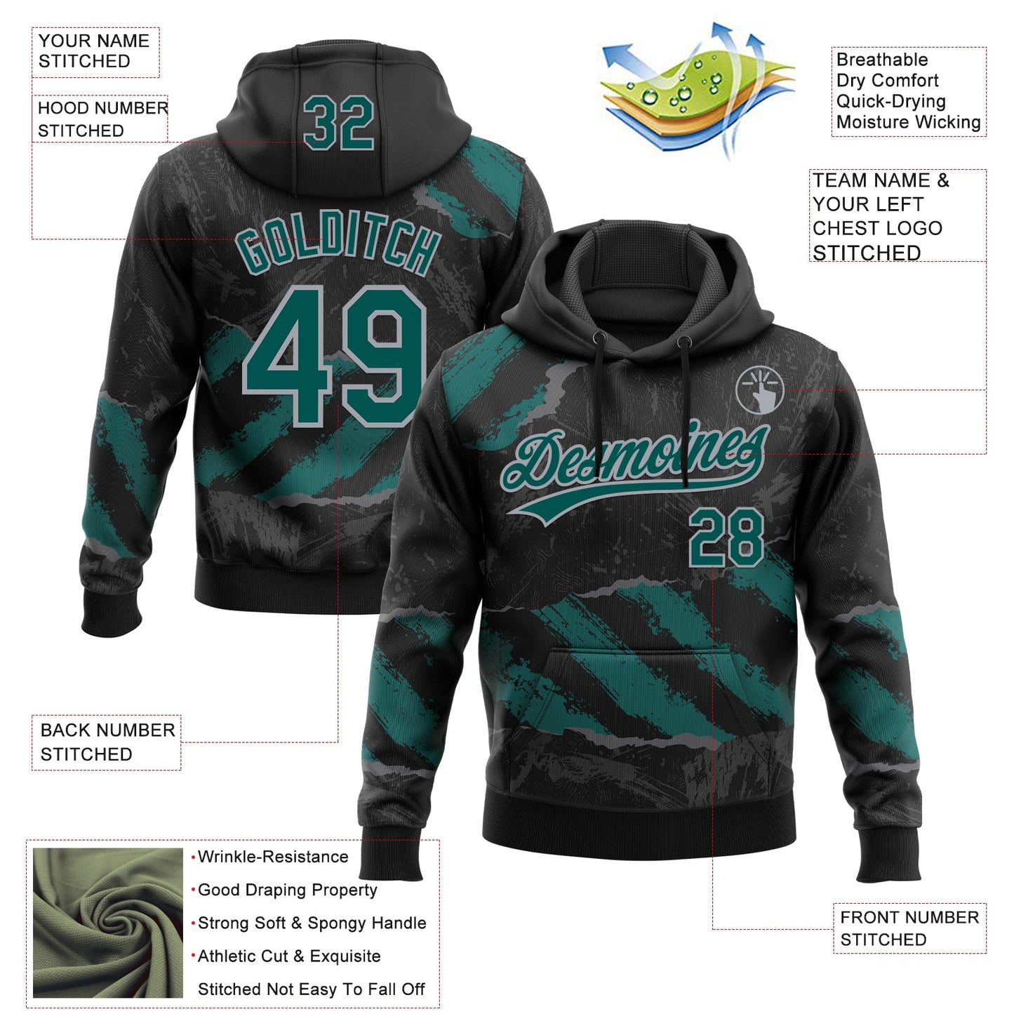 Custom Stitched Black Midnight Green Steel Gray-Gray 3D Pattern Design Splash Sports Pullover Sweatshirt Hoodie view 2