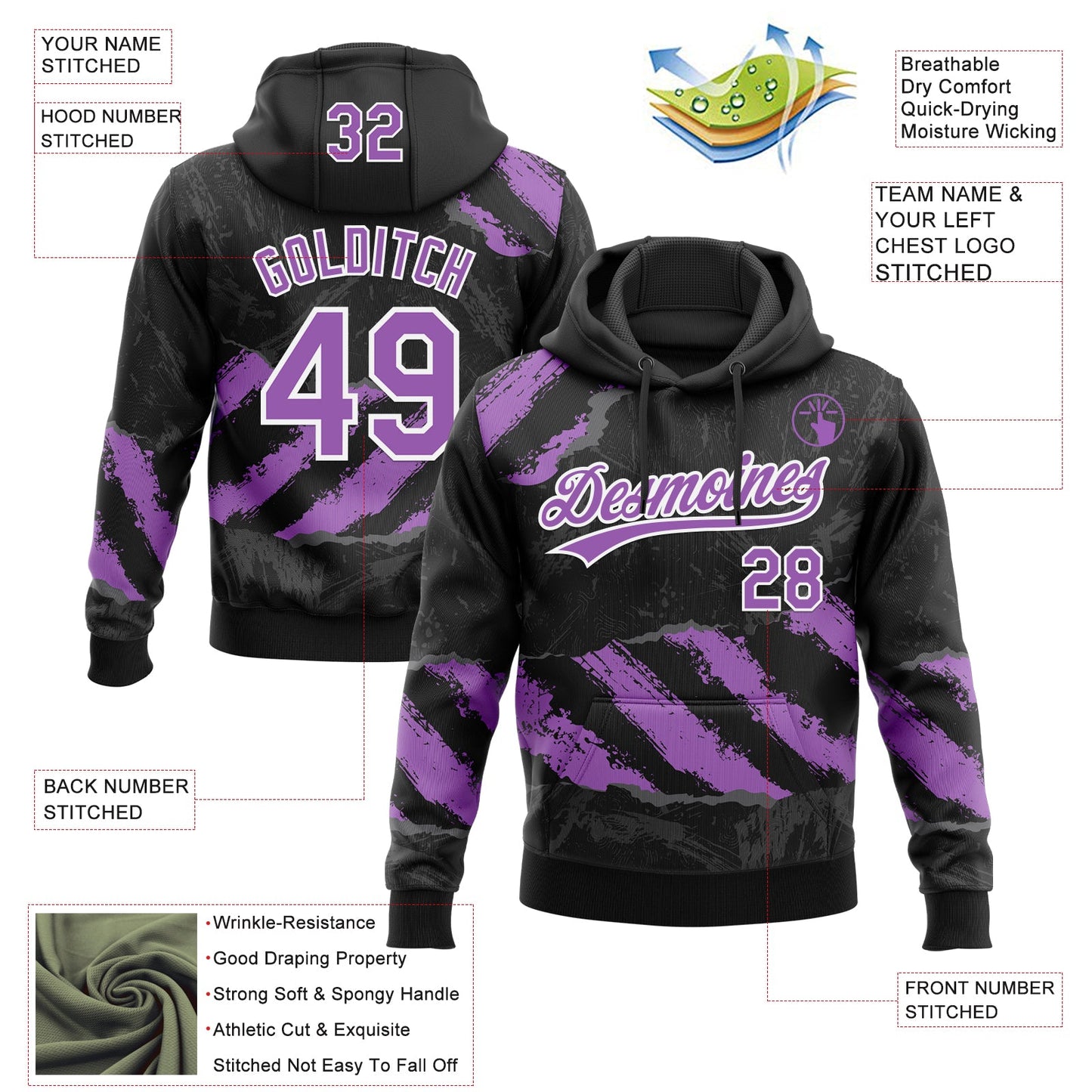 Custom Stitched Black Medium Purple Steel Gray-White 3D Pattern Design Splash Sports Pullover Sweatshirt Hoodie view 2