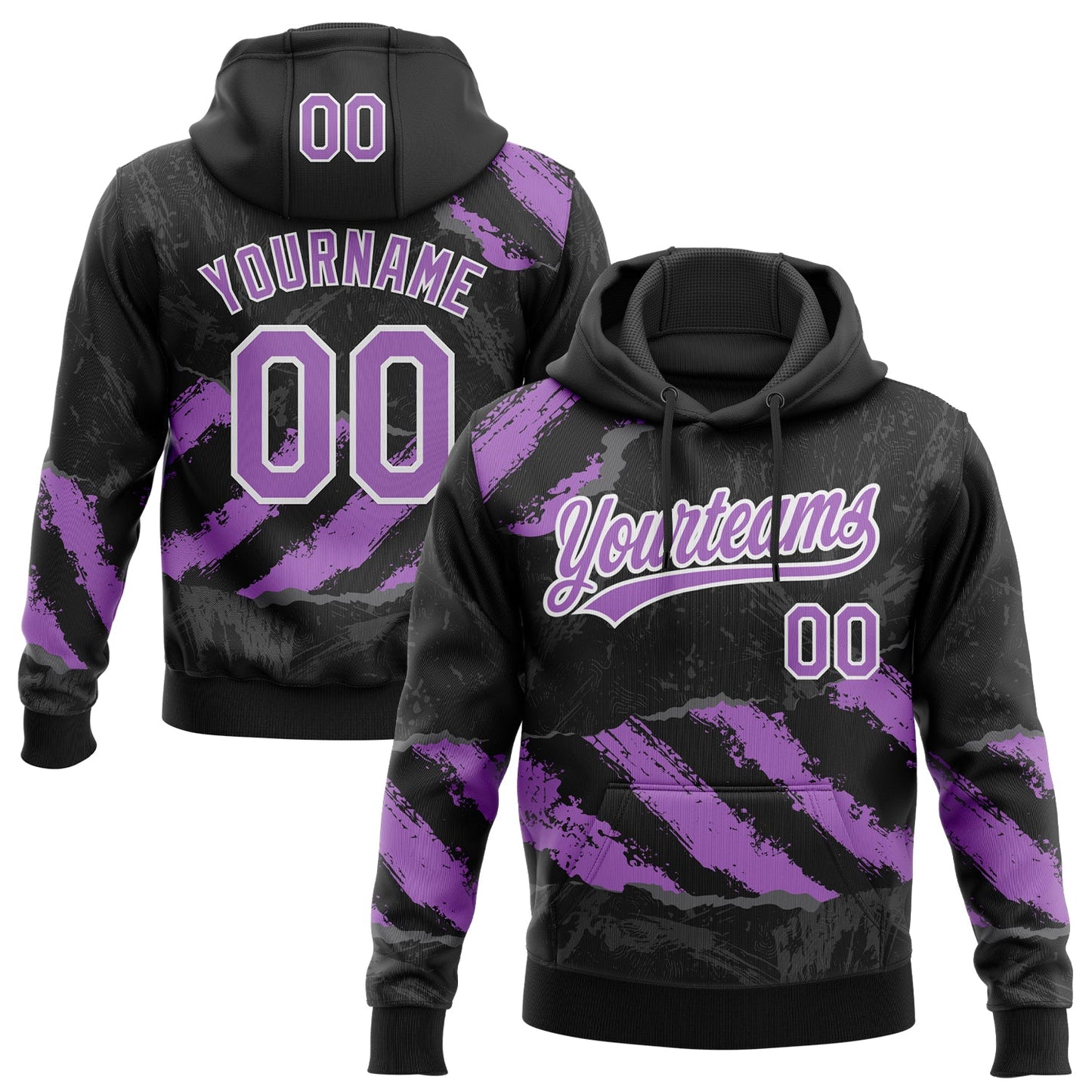 Custom Stitched Black Medium Purple Steel Gray-White 3D Pattern Design Splash Sports Pullover Sweatshirt Hoodie - Main View