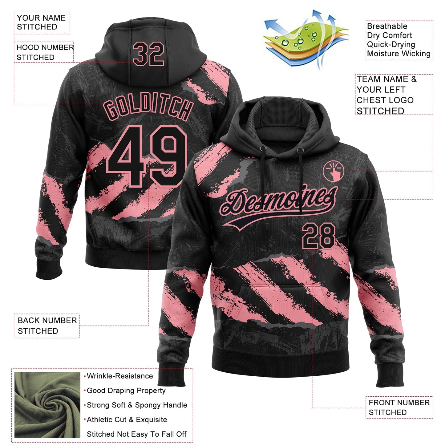Custom Stitched Black Medium Pink-Steel Gray 3D Pattern Design Splash Sports Pullover Sweatshirt Hoodie view 2