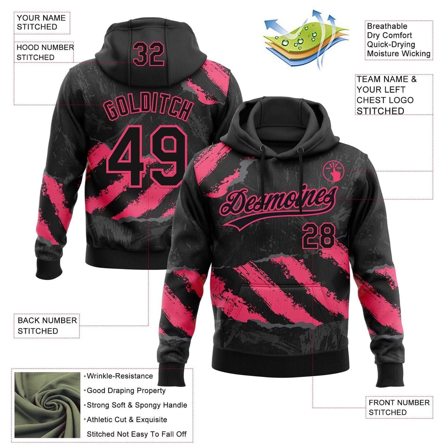 Custom Stitched Black Neon Pink-Steel Gray 3D Pattern Design Splash Sports Pullover Sweatshirt Hoodie view 2
