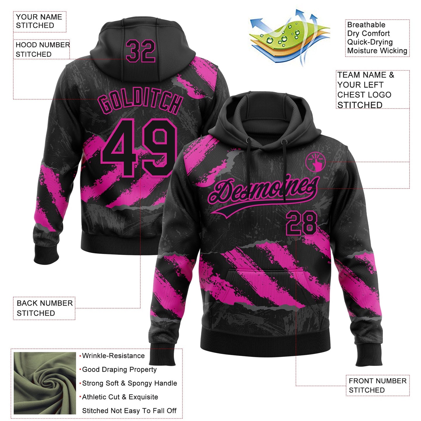 Custom Stitched Black Deep Pink-Steel Gray 3D Pattern Design Splash Sports Pullover Sweatshirt Hoodie view 2