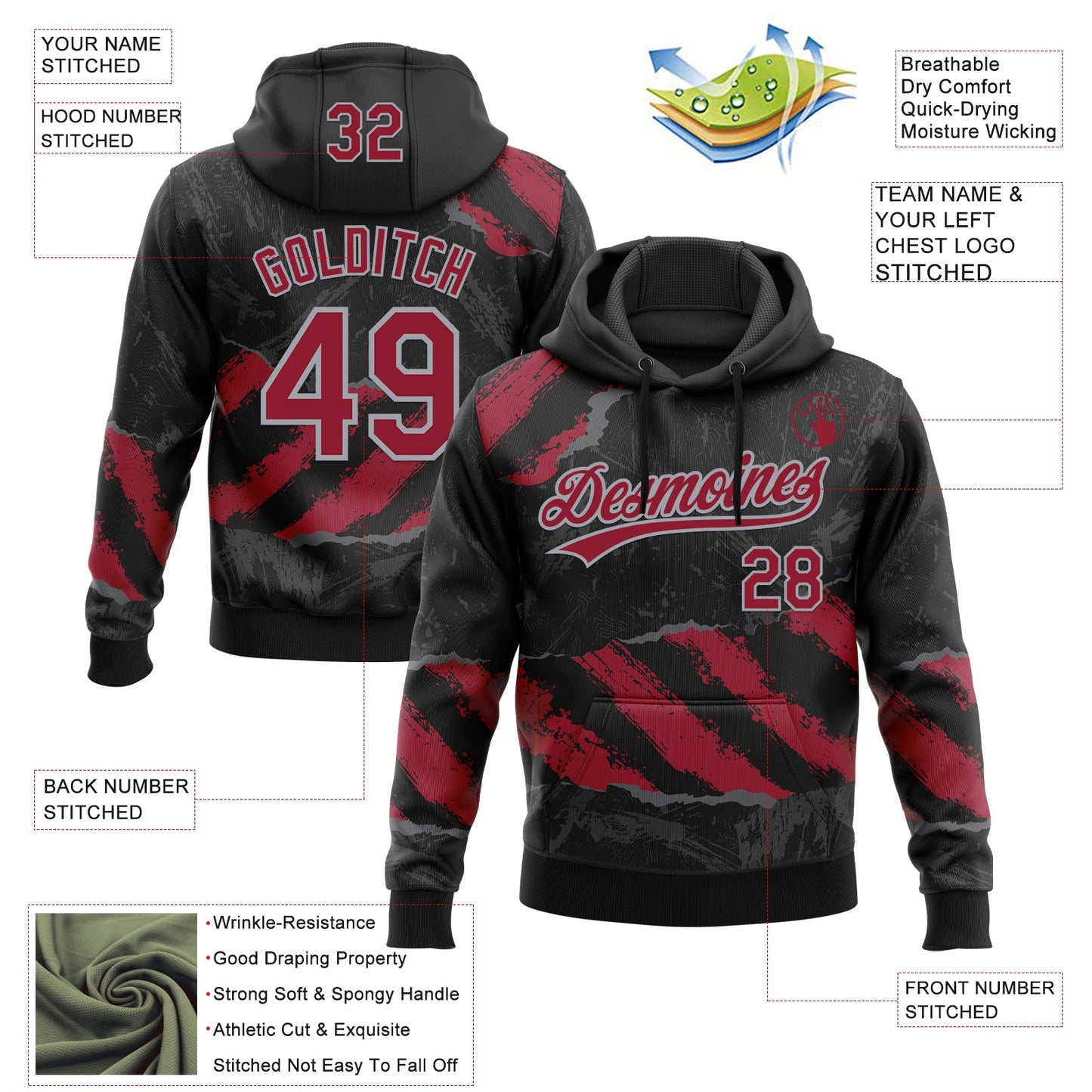 Custom Stitched Black Crimson Steel Gray-Gray 3D Pattern Design Splash Sports Pullover Sweatshirt Hoodie view 2