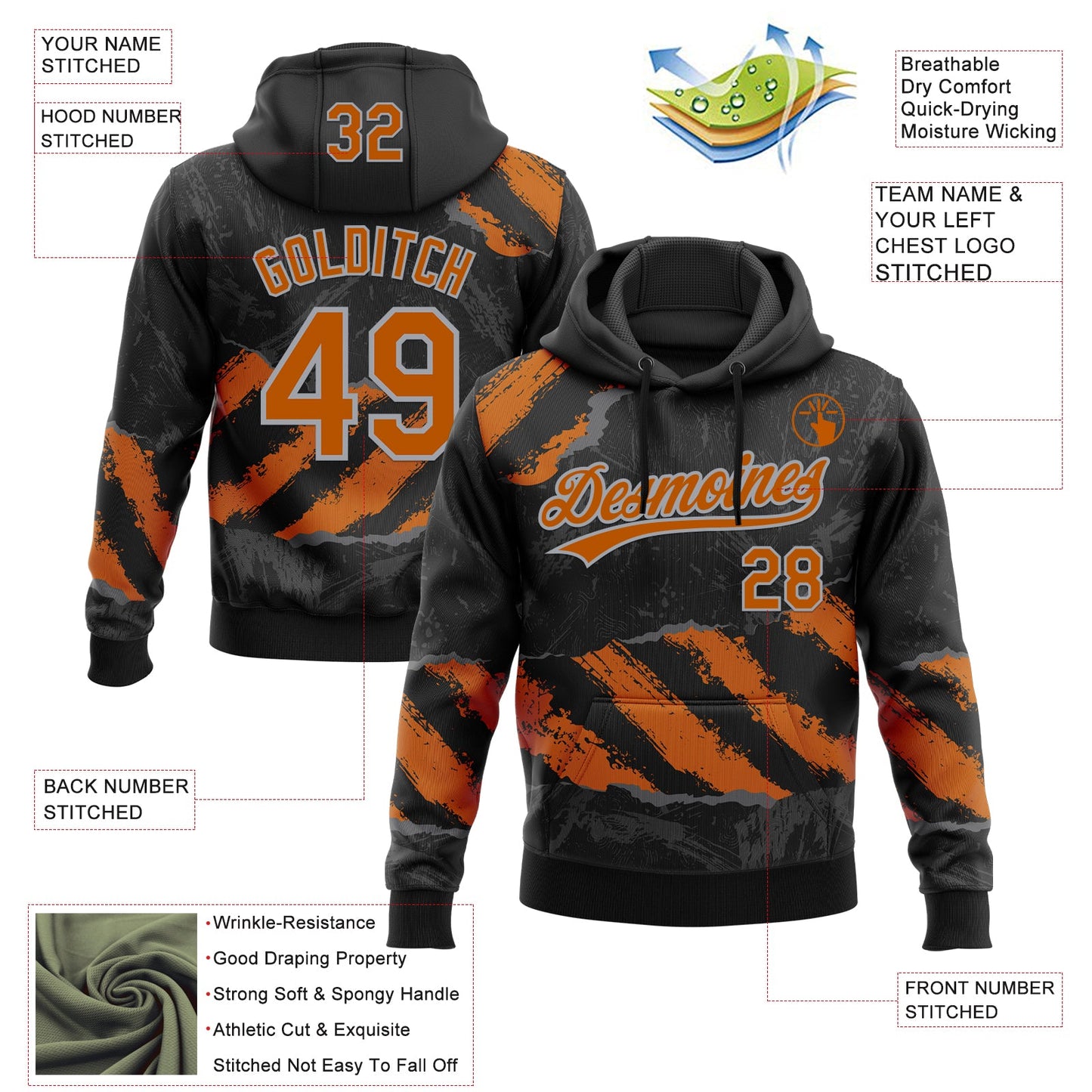 Custom Stitched Black Texas Orange Steel Gray-Gray 3D Pattern Design Splash Sports Pullover Sweatshirt Hoodie view 2