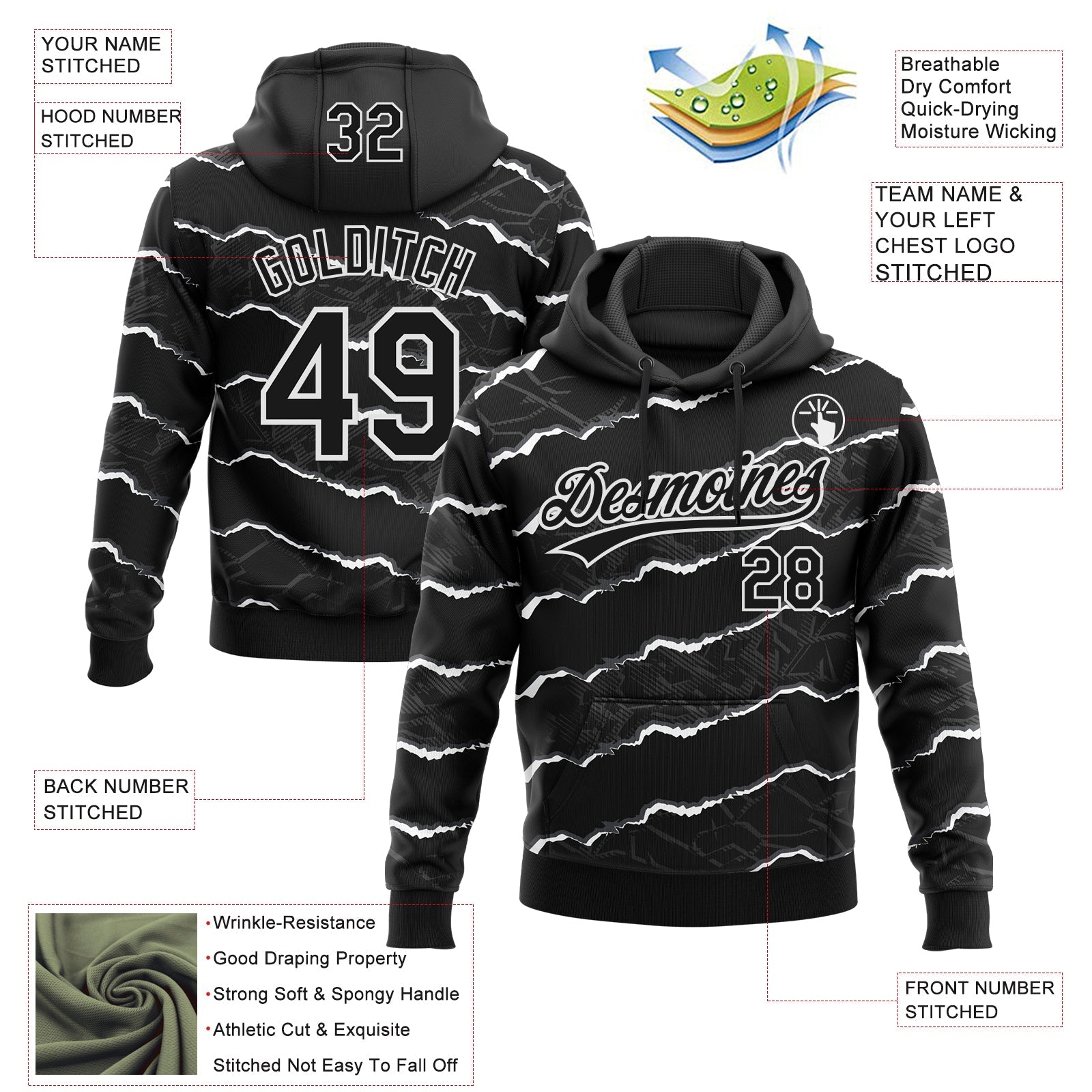 Custom Stitched Black White 3D Pattern Design Torn Paper Style Sports Pullover Sweatshirt Hoodie view 2
