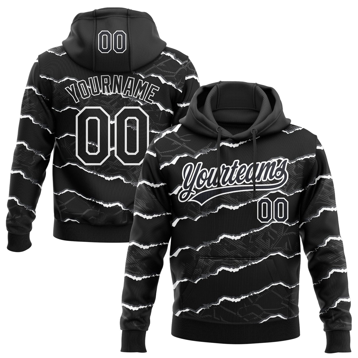 Custom Stitched Black White 3D Pattern Design Torn Paper Style Sports Pullover Sweatshirt Hoodie - Main View