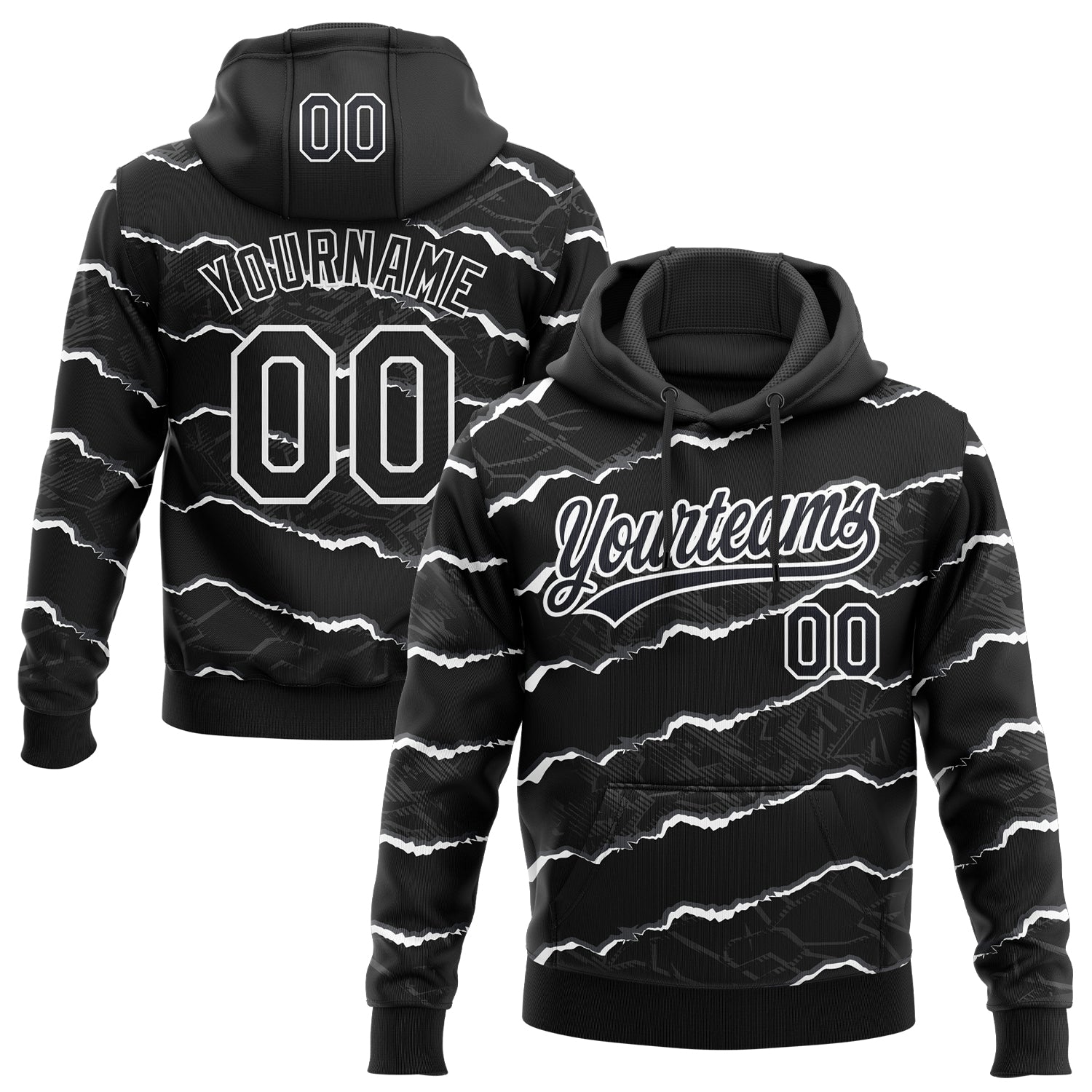 Custom Stitched Black White 3D Pattern Design Torn Paper Style Sports Pullover Sweatshirt Hoodie - Main View