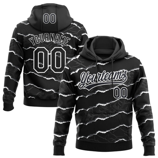 Custom Stitched Black White 3D Pattern Design Torn Paper Style Sports Pullover Sweatshirt Hoodie - Main View