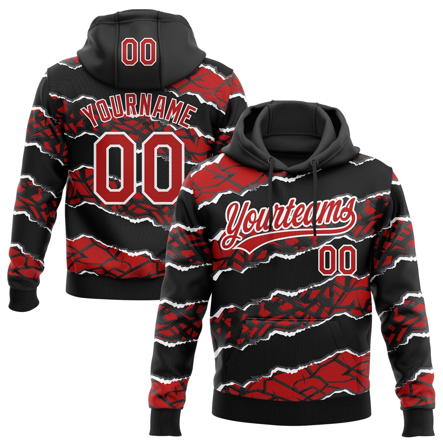 Custom Stitched Black Red-White 3D Pattern Design Torn Paper Style Sports Pullover Sweatshirt Hoodie - Main View