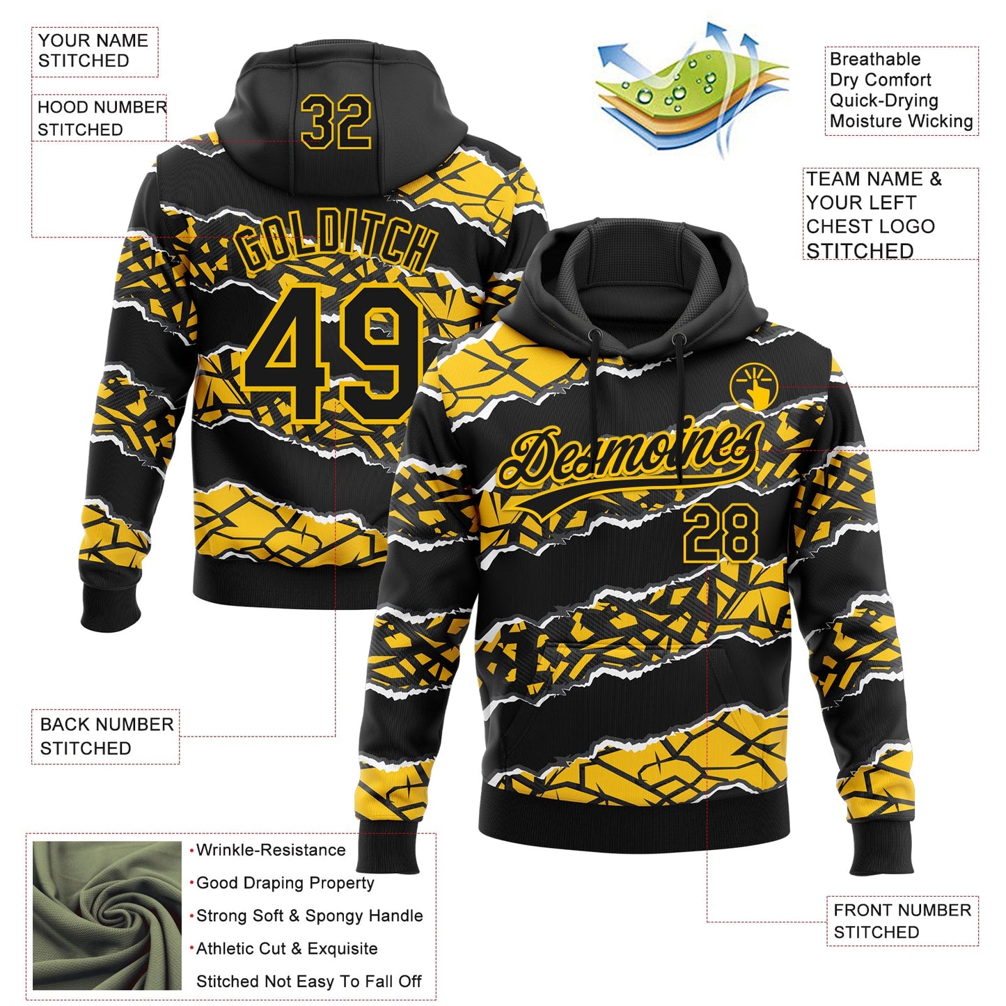 Custom Stitched Black Yellow-White 3D Pattern Design Torn Paper Style Sports Pullover Sweatshirt Hoodie view 2