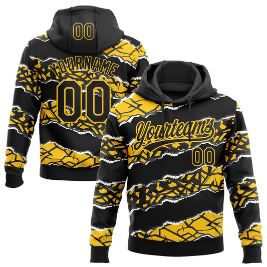 Custom Stitched Black Yellow-White 3D Pattern Design Torn Paper Style Sports Pullover Sweatshirt Hoodie - Main View