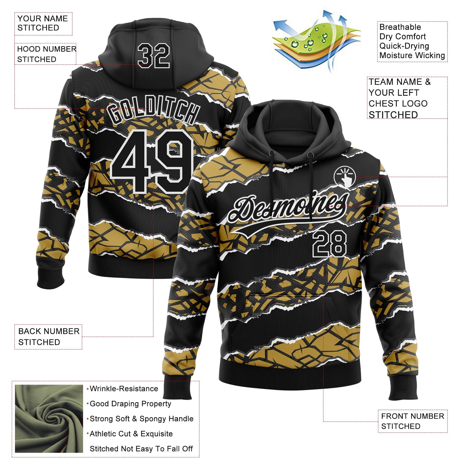 Custom Stitched Black Old Gold-White 3D Pattern Design Torn Paper Style Sports Pullover Sweatshirt Hoodie view 2
