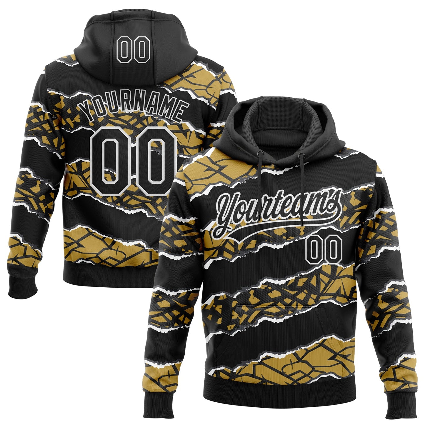 Custom Stitched Black Old Gold-White 3D Pattern Design Torn Paper Style Sports Pullover Sweatshirt Hoodie - Main View