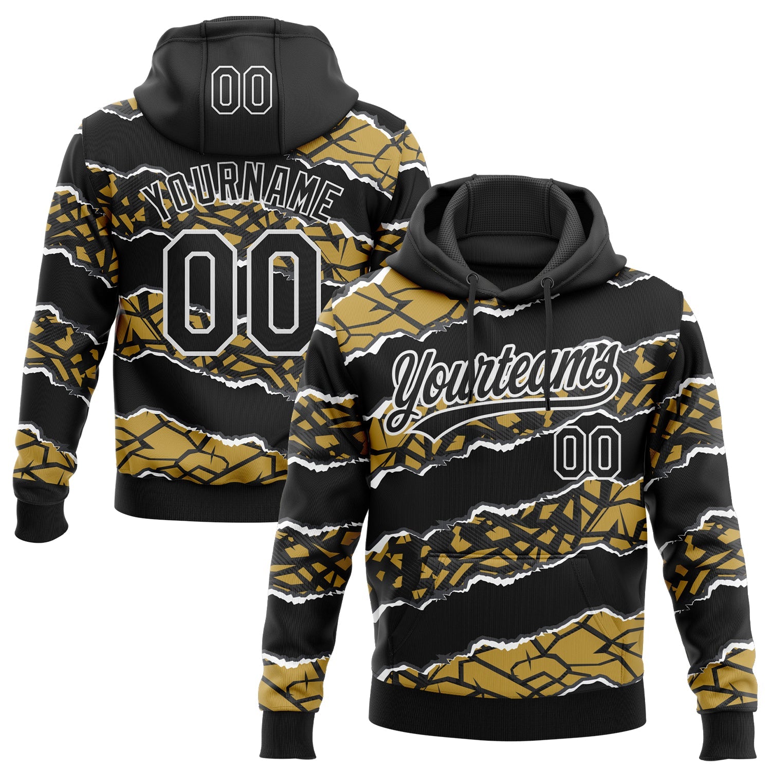 Custom Stitched Black Old Gold-White 3D Pattern Design Torn Paper Style Sports Pullover Sweatshirt Hoodie - Main View