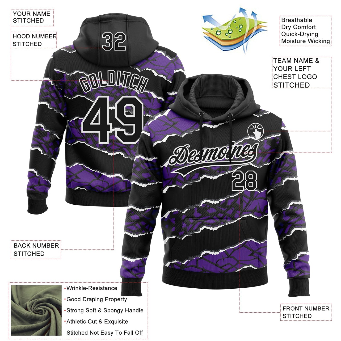 Custom Stitched Black Purple-White 3D Pattern Design Torn Paper Style Sports Pullover Sweatshirt Hoodie view 2