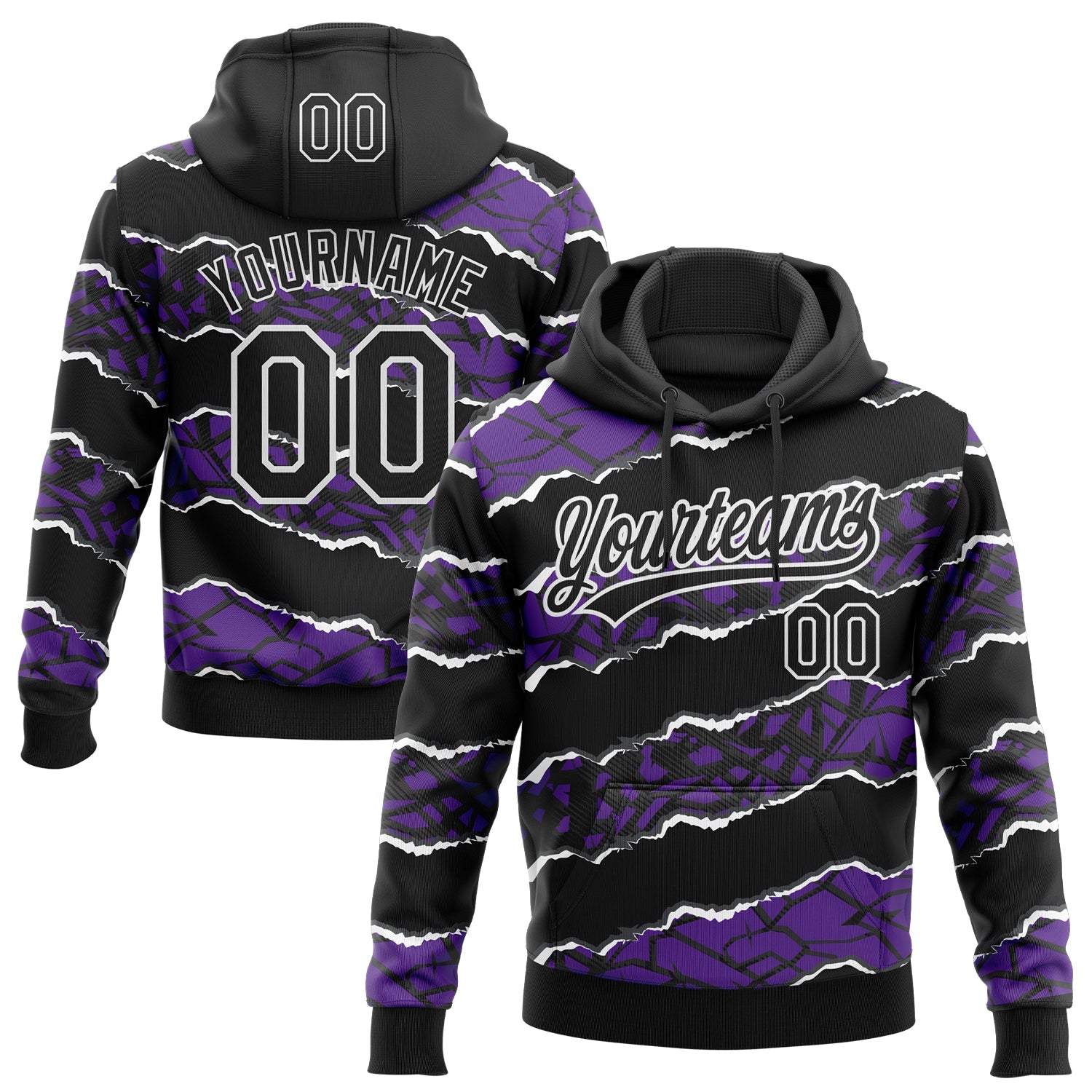 Custom Stitched Black Purple-White 3D Pattern Design Torn Paper Style Sports Pullover Sweatshirt Hoodie - Main View