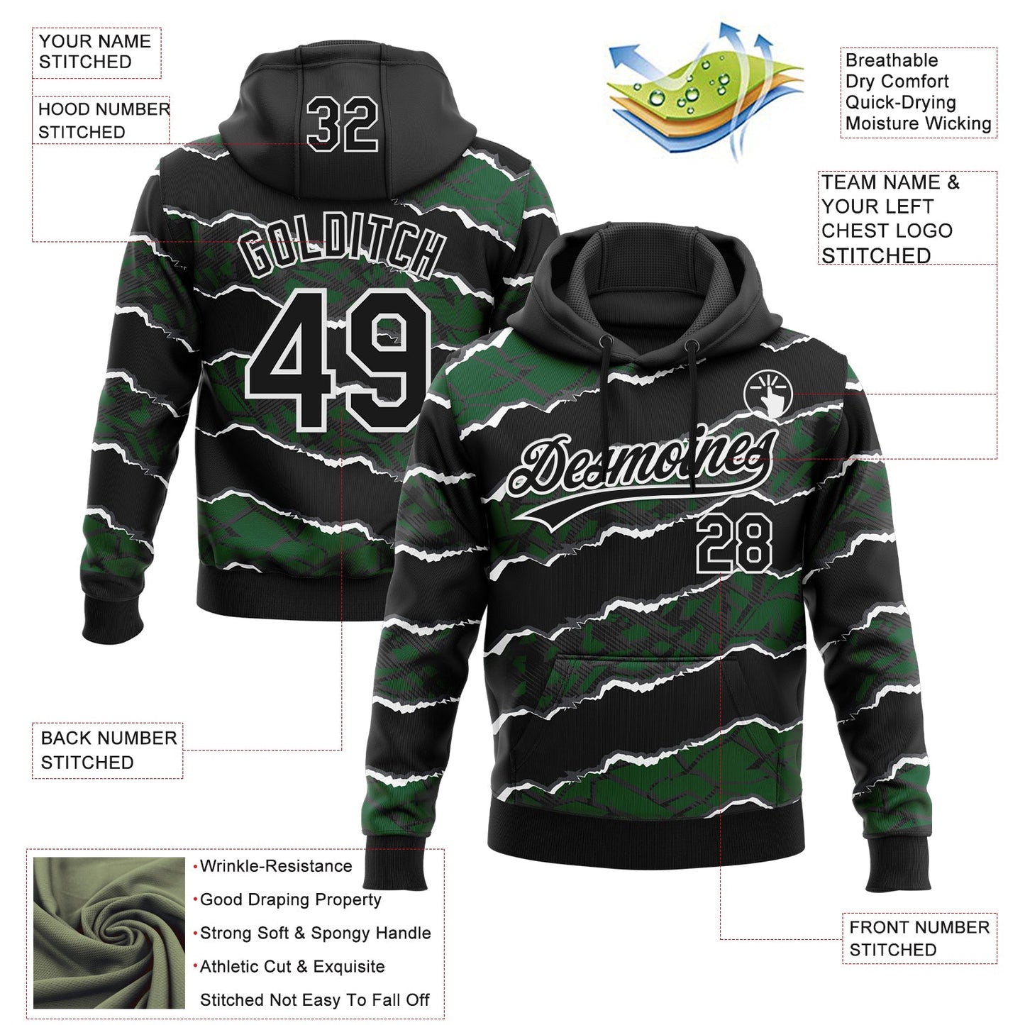 Custom Stitched Black Green-White 3D Pattern Design Torn Paper Style Sports Pullover Sweatshirt Hoodie view 2