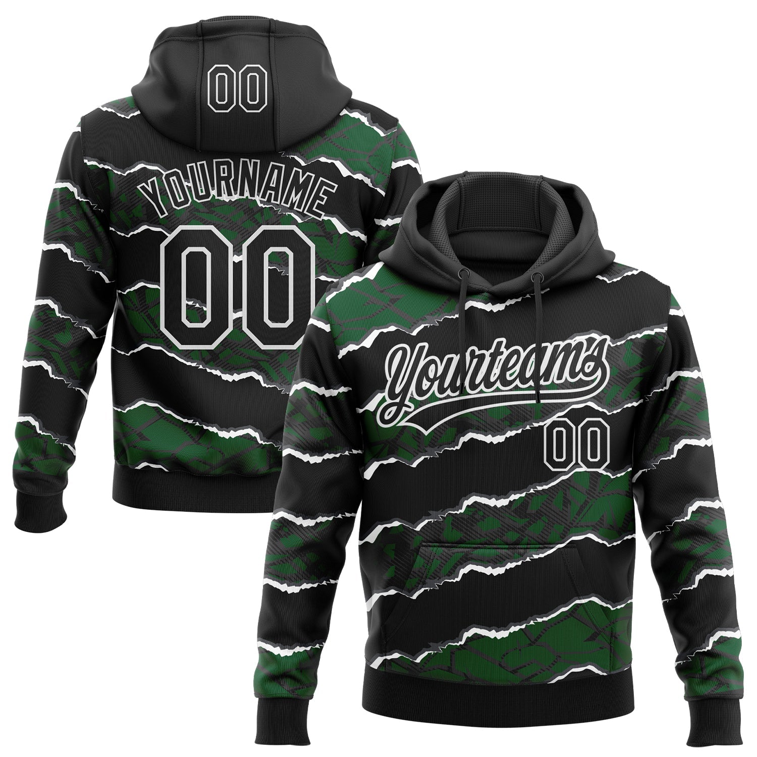 Custom Stitched Black Green-White 3D Pattern Design Torn Paper Style Sports Pullover Sweatshirt Hoodie - Main View