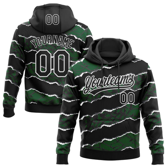Custom Stitched Black Green-White 3D Pattern Design Torn Paper Style Sports Pullover Sweatshirt Hoodie - Main View