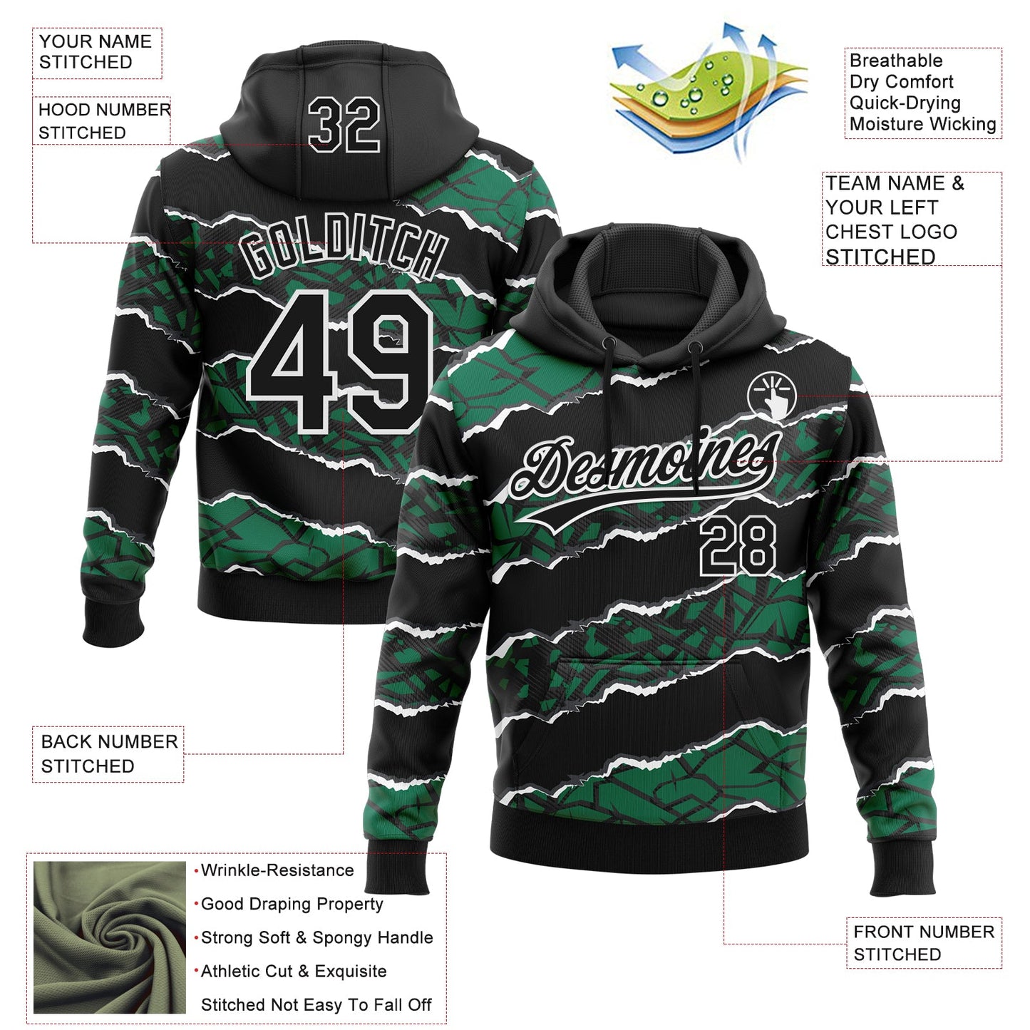 Custom Stitched Black Kelly Green-White 3D Pattern Design Torn Paper Style Sports Pullover Sweatshirt Hoodie view 2