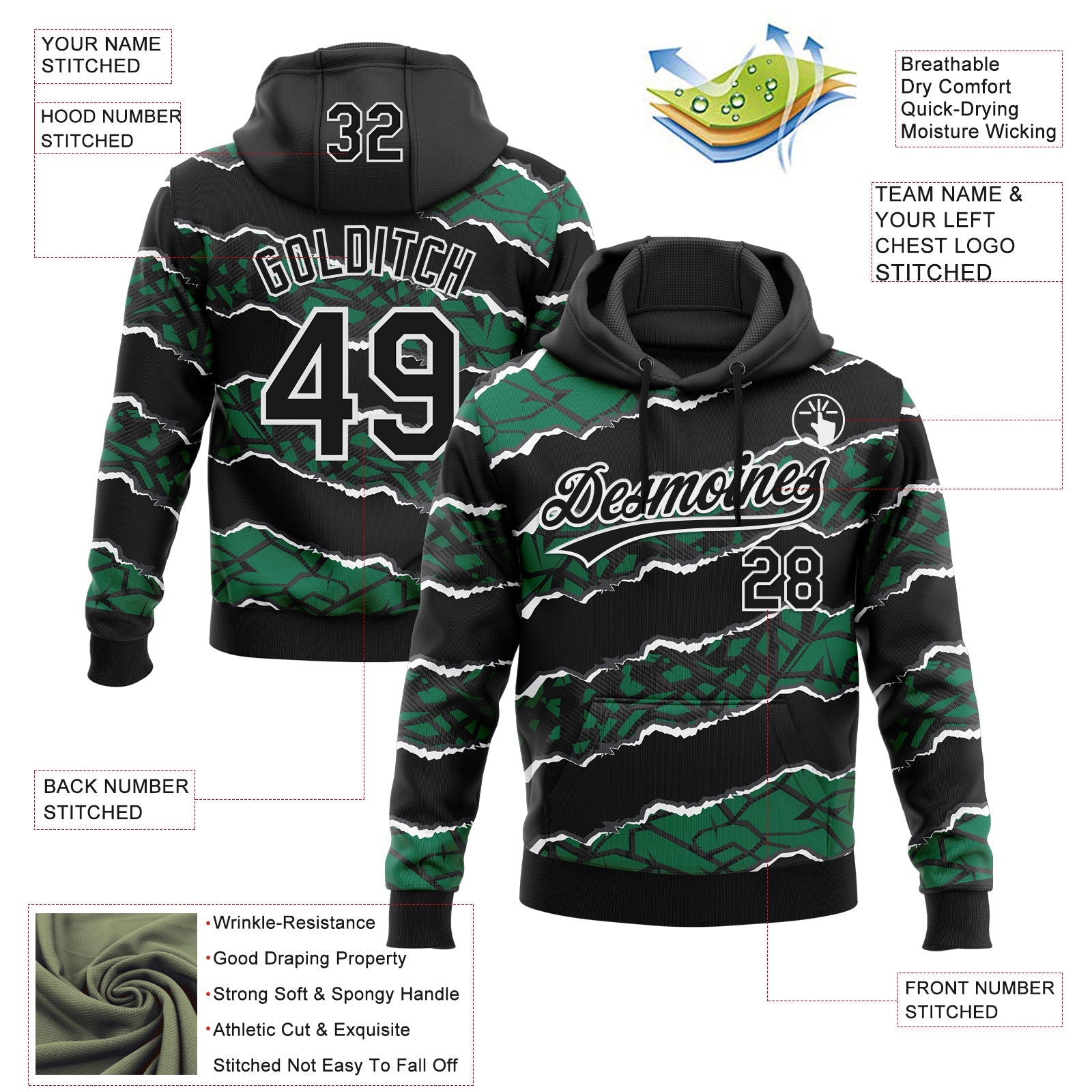 Custom Stitched Black Kelly Green-White 3D Pattern Design Torn Paper Style Sports Pullover Sweatshirt Hoodie view 2