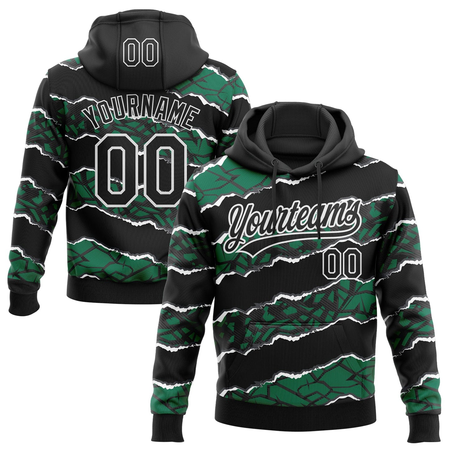 Custom Stitched Black Kelly Green-White 3D Pattern Design Torn Paper Style Sports Pullover Sweatshirt Hoodie - Main View