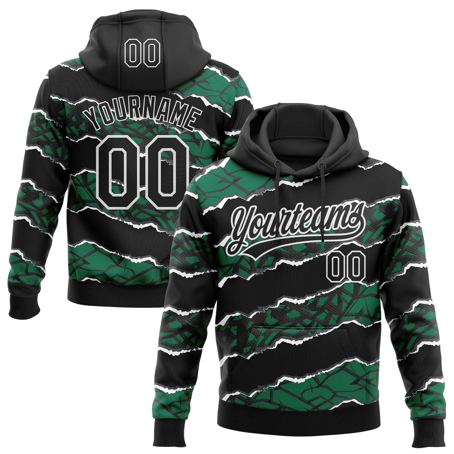 Custom Stitched Black Kelly Green-White 3D Pattern Design Torn Paper Style Sports Pullover Sweatshirt Hoodie - Main View