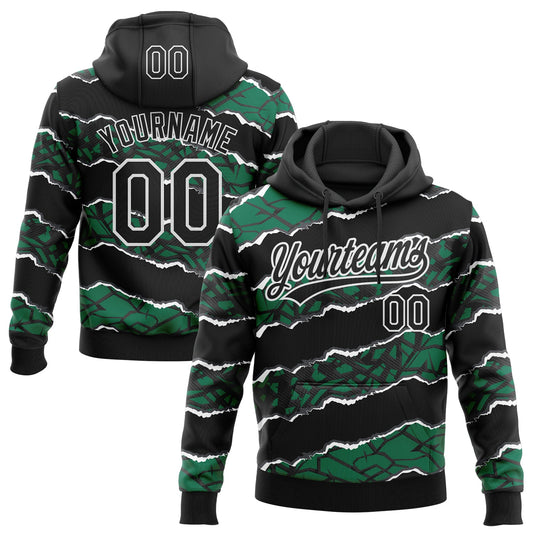 Custom Stitched Black Kelly Green-White 3D Pattern Design Torn Paper Style Sports Pullover Sweatshirt Hoodie - Main View