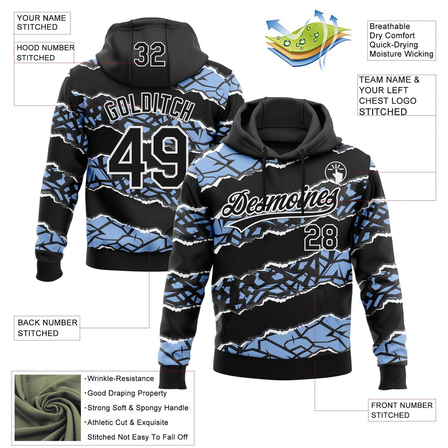 Custom Stitched Black Light Blue-White 3D Pattern Design Torn Paper Style Sports Pullover Sweatshirt Hoodie view 2