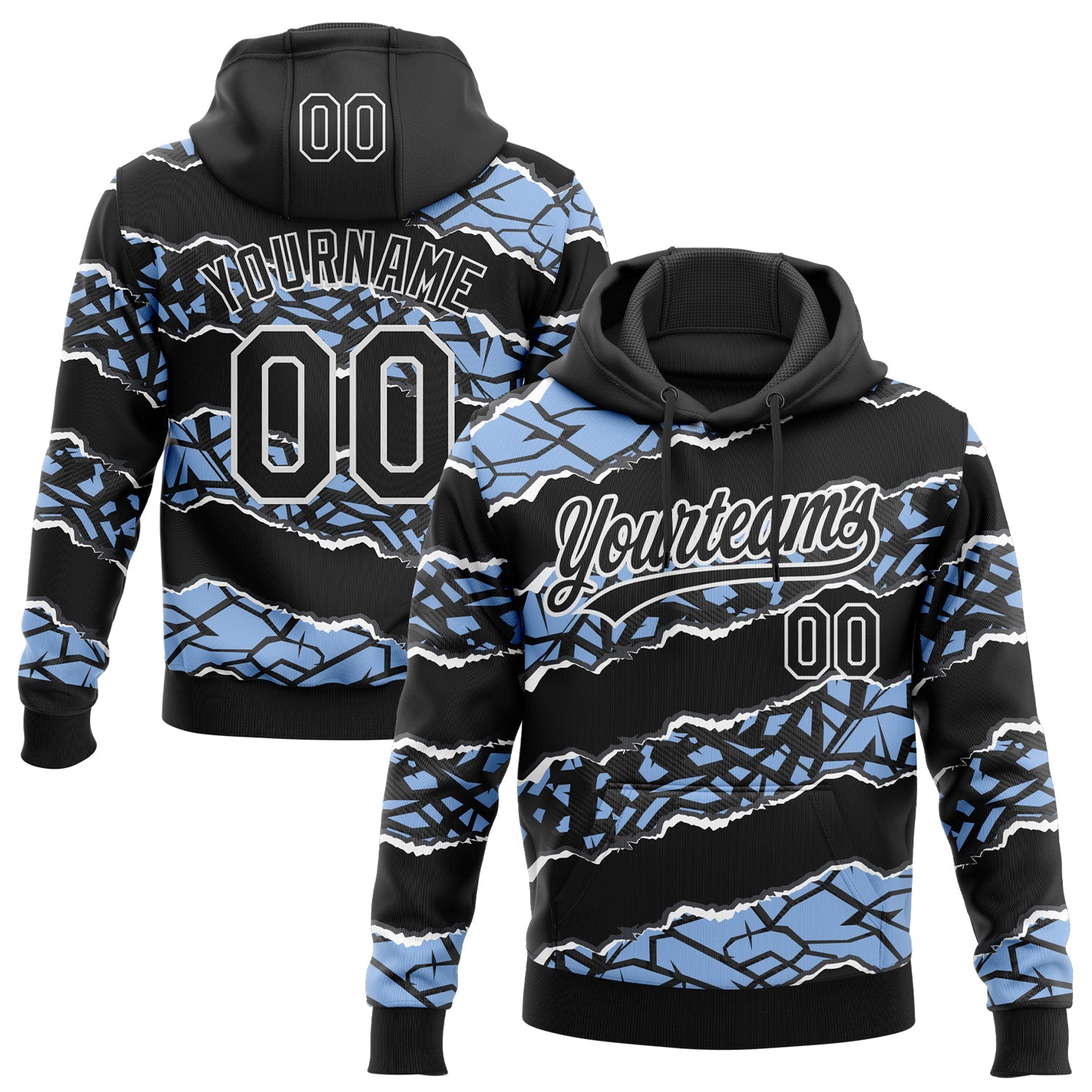 Custom Stitched Black Light Blue-White 3D Pattern Design Torn Paper Style Sports Pullover Sweatshirt Hoodie - Main View