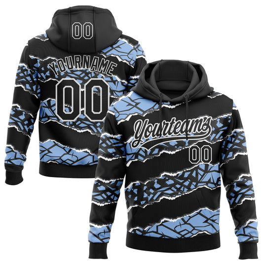 Custom Stitched Black Light Blue-White 3D Pattern Design Torn Paper Style Sports Pullover Sweatshirt Hoodie - Main View