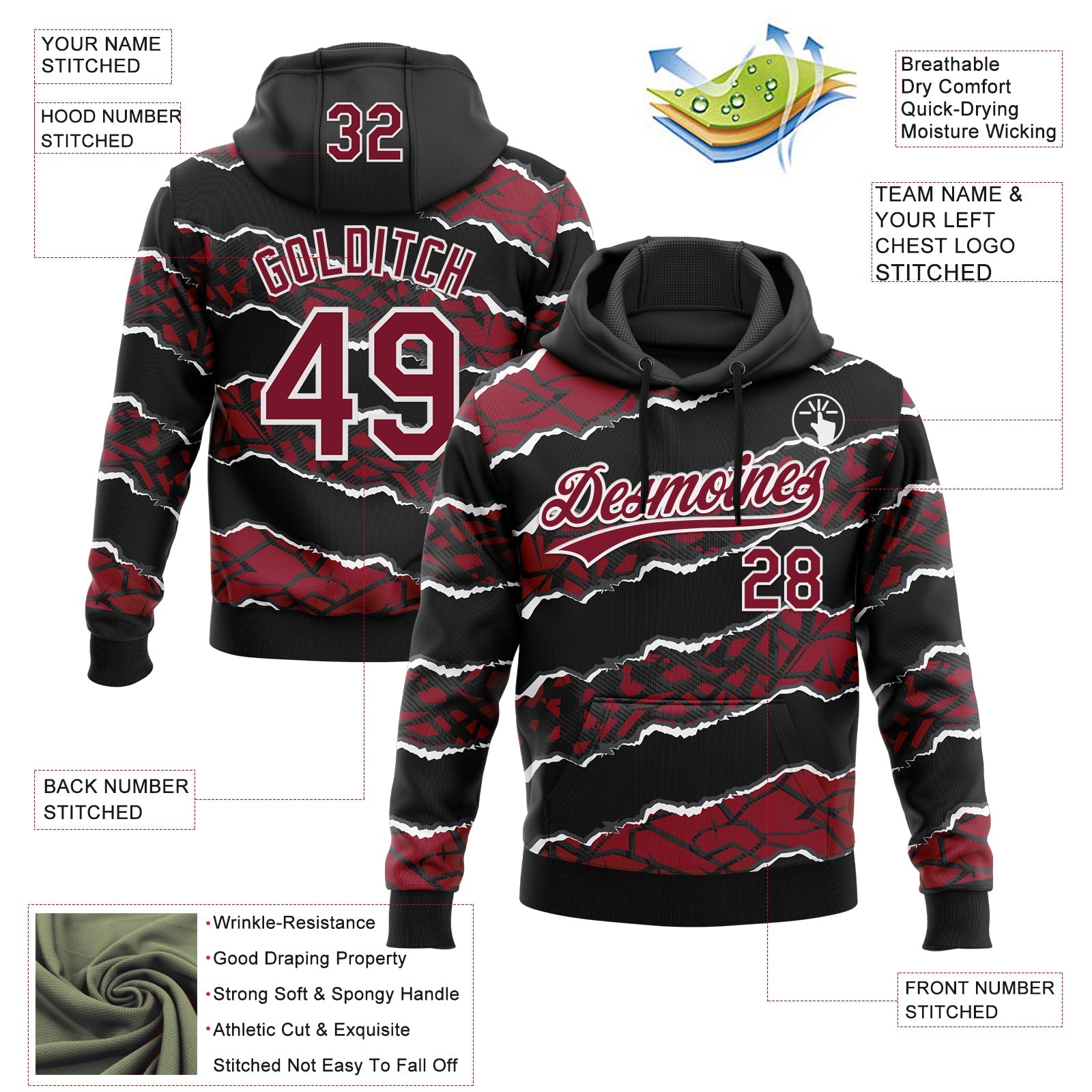 Custom Stitched Black Crimson-White 3D Pattern Design Torn Paper Style Sports Pullover Sweatshirt Hoodie view 2