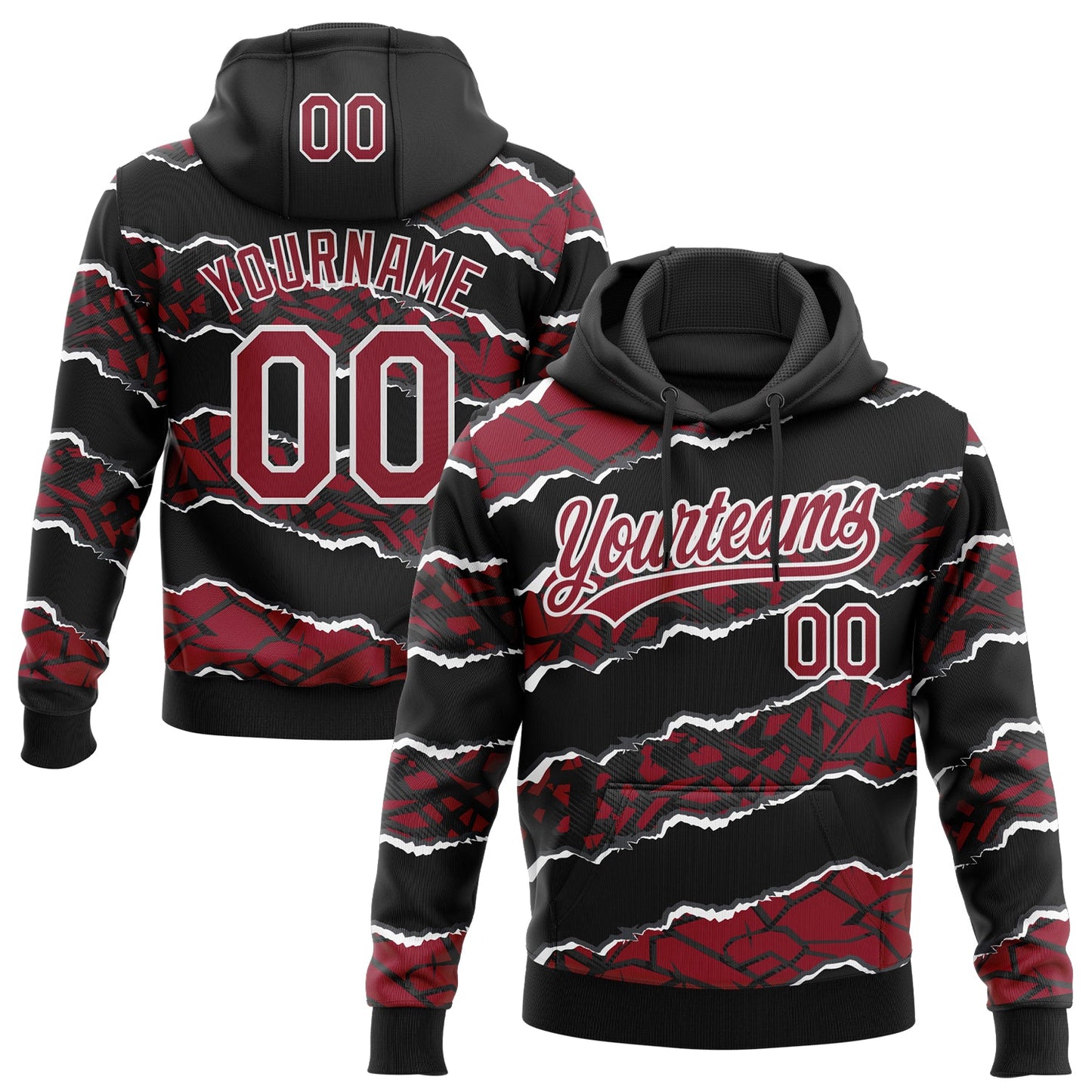 Custom Stitched Black Crimson-White 3D Pattern Design Torn Paper Style Sports Pullover Sweatshirt Hoodie - Main View