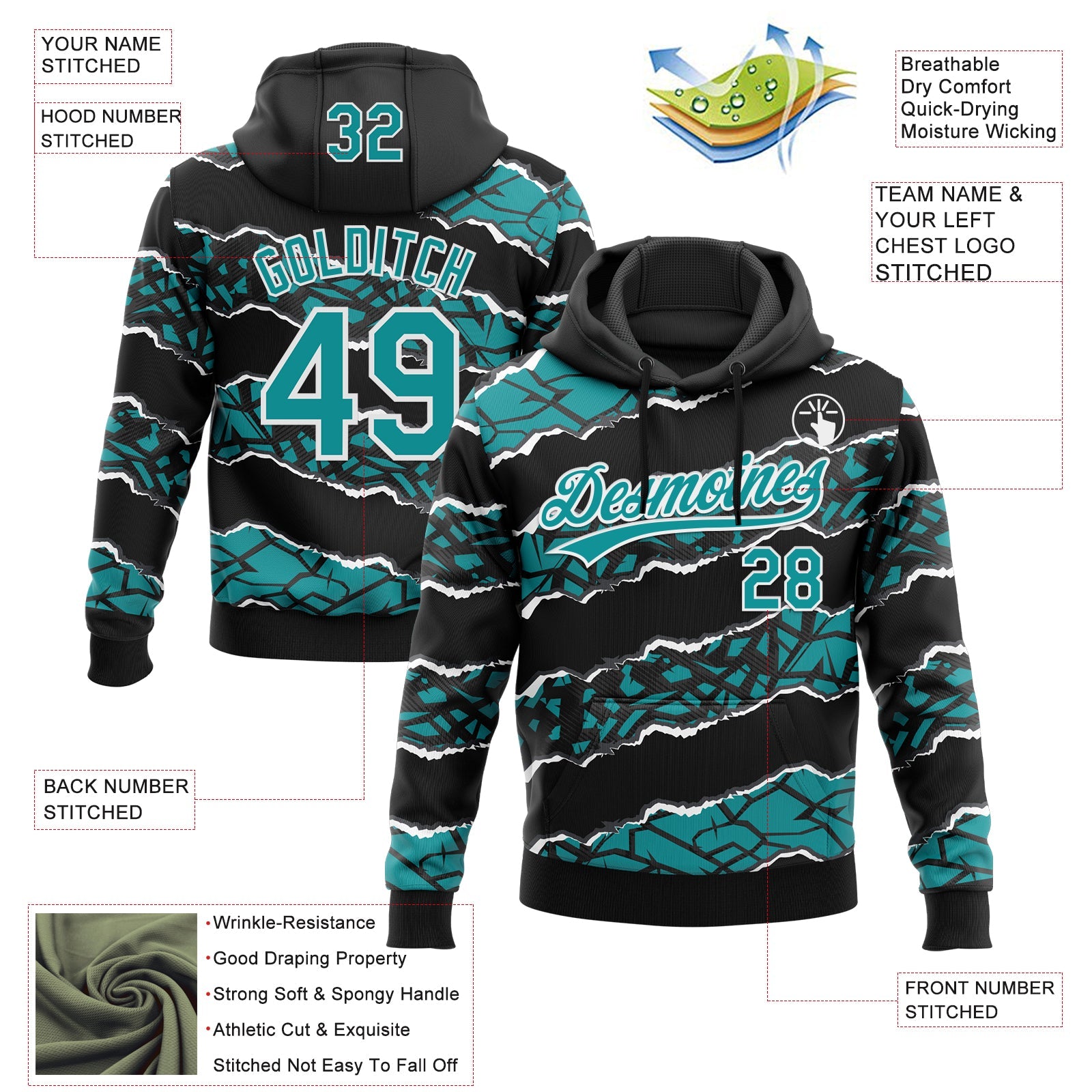 Custom Stitched Black Teal-White 3D Pattern Design Torn Paper Style Sports Pullover Sweatshirt Hoodie view 2