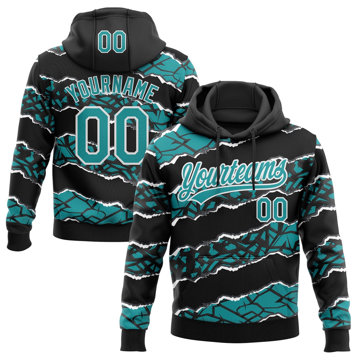 Custom Stitched Black Teal-White 3D Pattern Design Torn Paper Style Sports Pullover Sweatshirt Hoodie - Main View