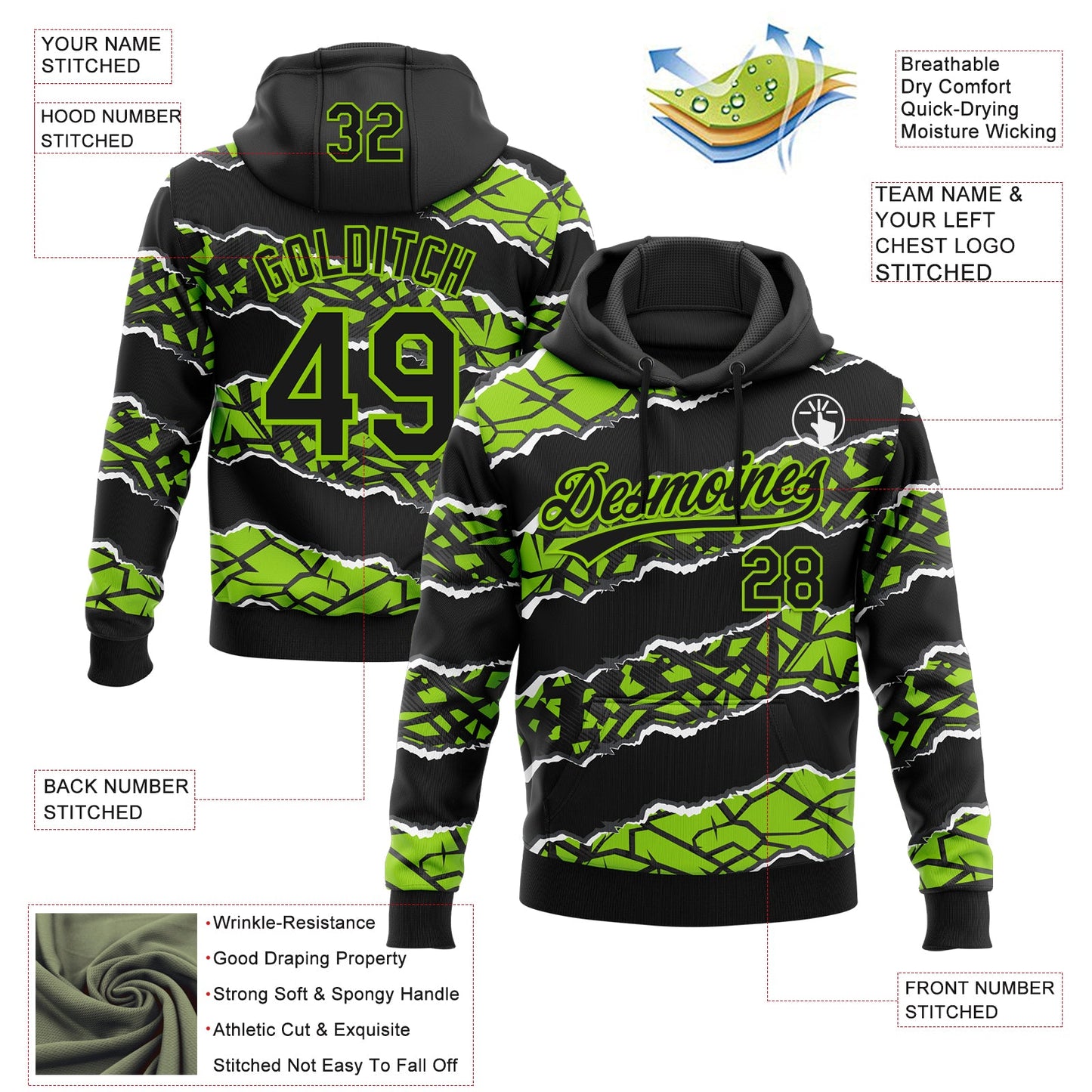 Custom Stitched Black Neon Green-White 3D Pattern Design Torn Paper Style Sports Pullover Sweatshirt Hoodie view 2