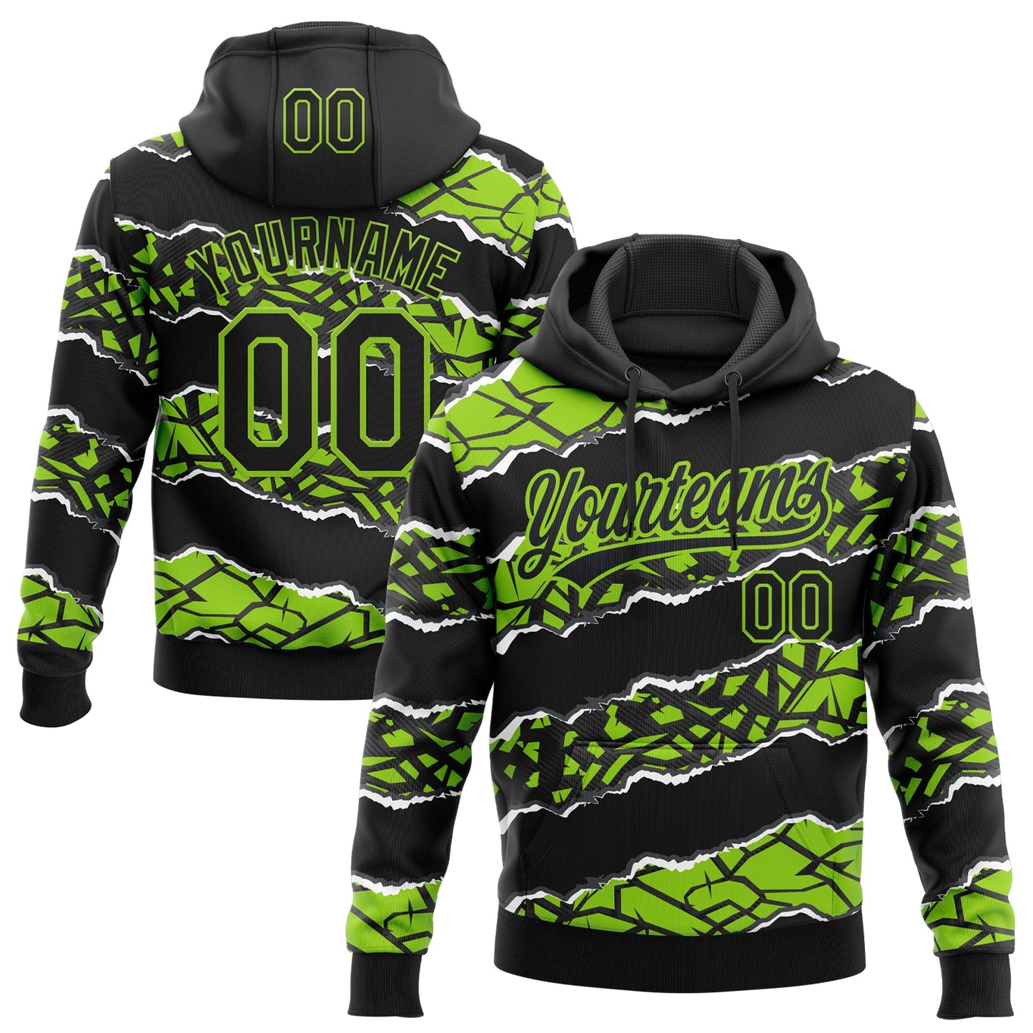 Custom Stitched Black Neon Green-White 3D Pattern Design Torn Paper Style Sports Pullover Sweatshirt Hoodie - Main View
