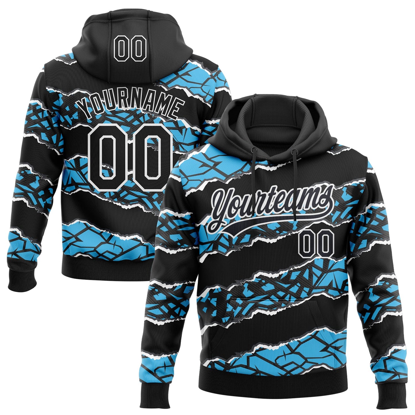 Custom Stitched Black Sky Blue-White 3D Pattern Design Torn Paper Style Sports Pullover Sweatshirt Hoodie - Main View