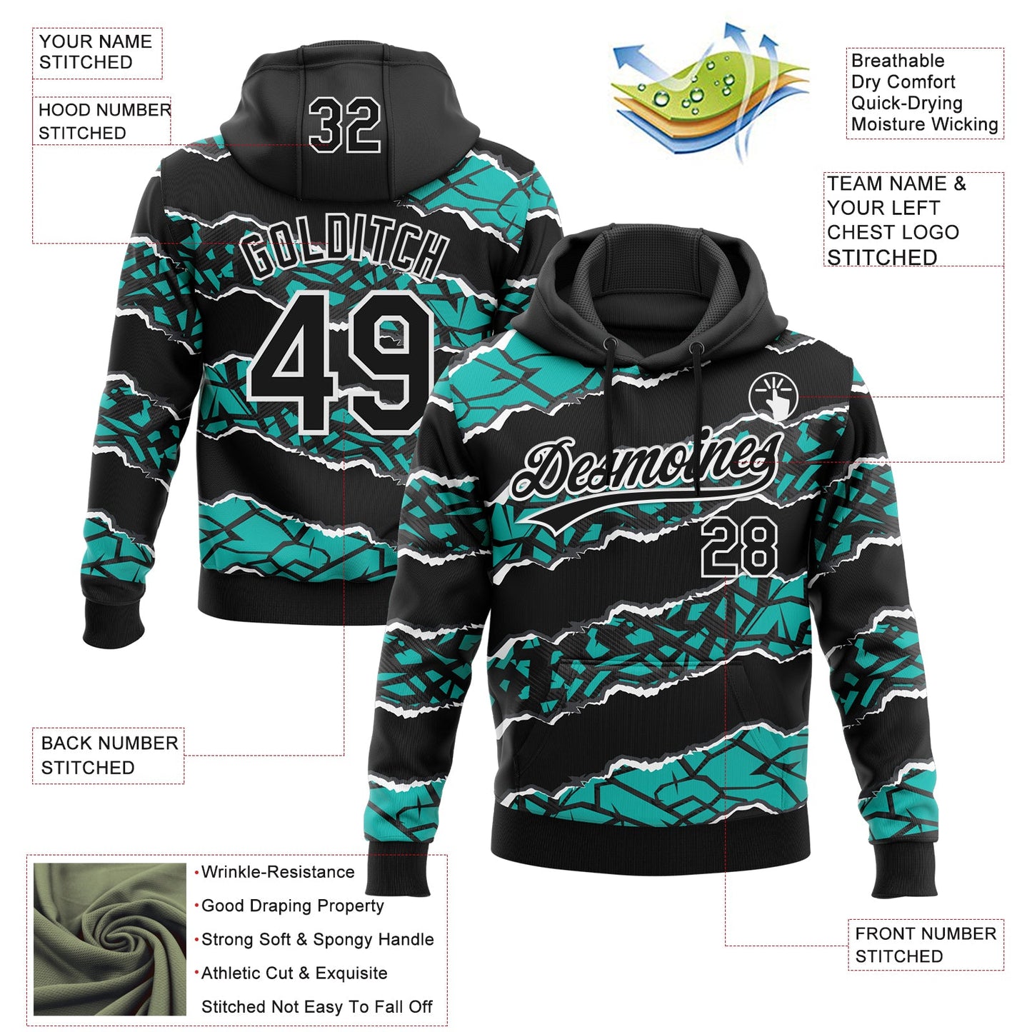 Custom Stitched Black Aqua-White 3D Pattern Design Torn Paper Style Sports Pullover Sweatshirt Hoodie view 2