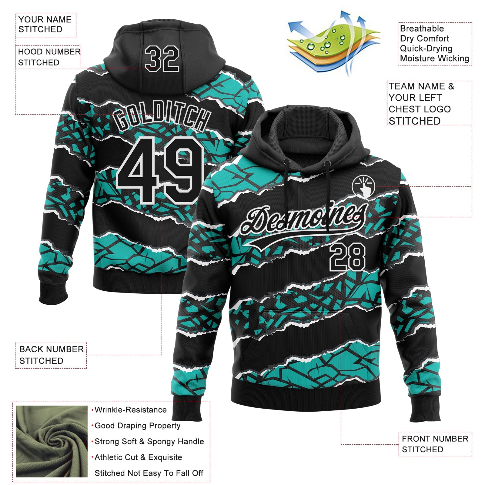 Custom Stitched Black Aqua-White 3D Pattern Design Torn Paper Style Sports Pullover Sweatshirt Hoodie view 2