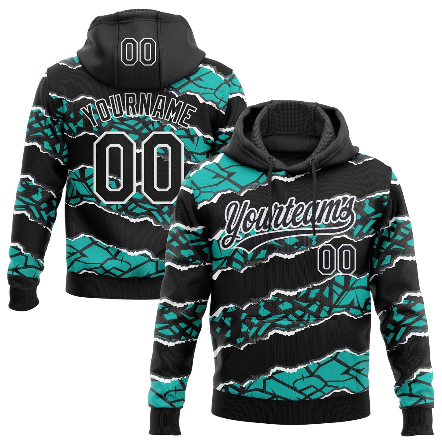Custom Stitched Black Aqua-White 3D Pattern Design Torn Paper Style Sports Pullover Sweatshirt Hoodie - Main View
