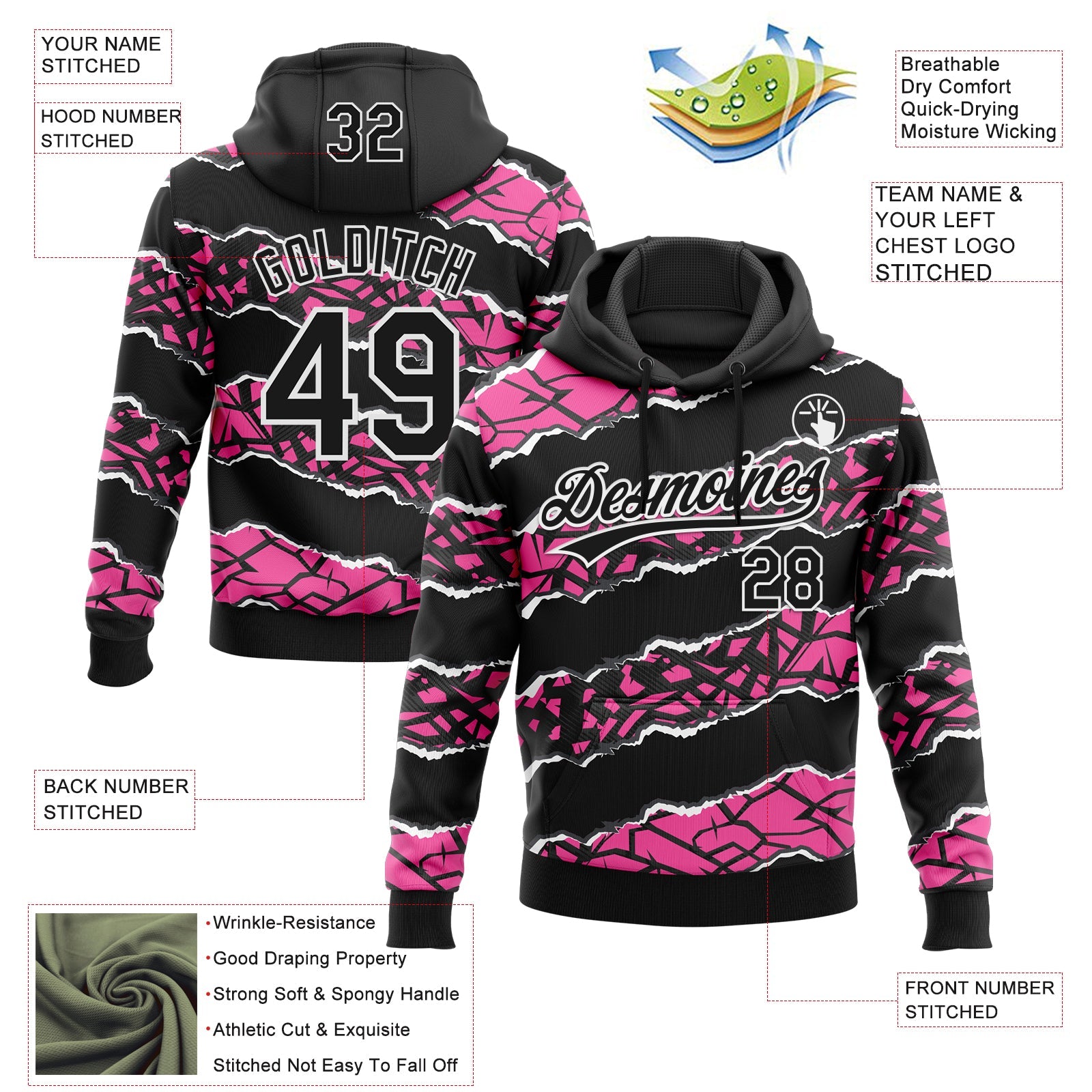 Custom Stitched Black Pink-White 3D Pattern Design Torn Paper Style Sports Pullover Sweatshirt Hoodie view 2