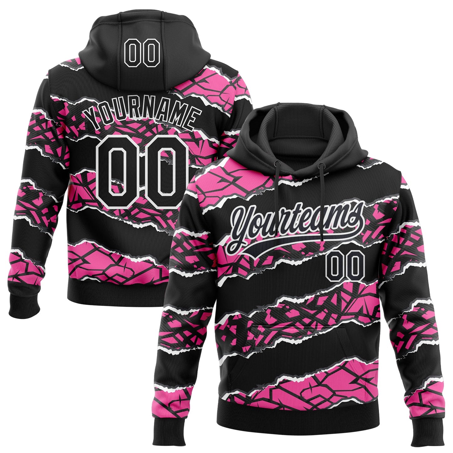 Custom Stitched Black Pink-White 3D Pattern Design Torn Paper Style Sports Pullover Sweatshirt Hoodie - Main View