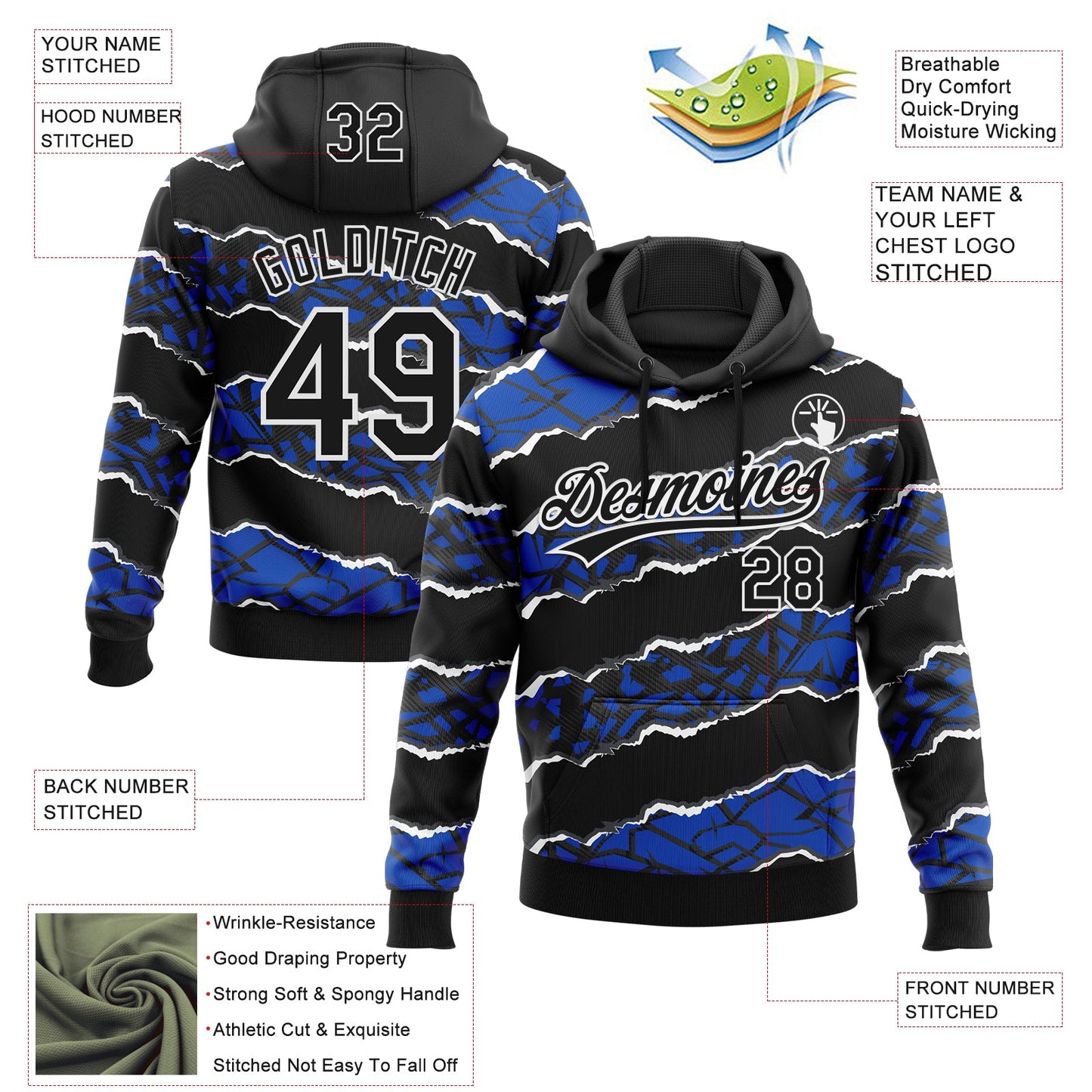 Custom Stitched Black Thunder Blue-White 3D Pattern Design Torn Paper Style Sports Pullover Sweatshirt Hoodie view 2